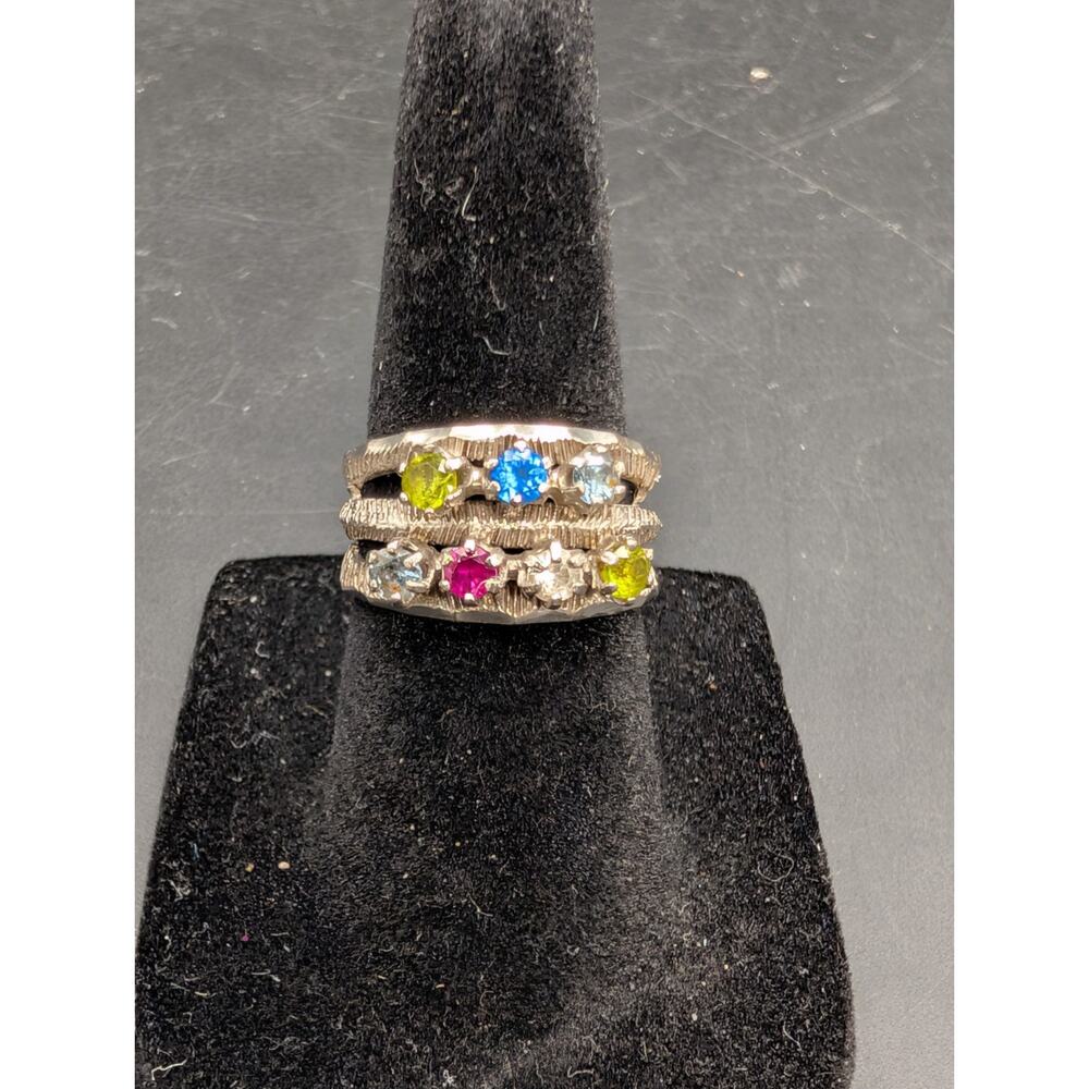 Vintage 10K White Gold Bock-Lewis BLC Mothers Ring 7-Stone Brutalist Size 5.25